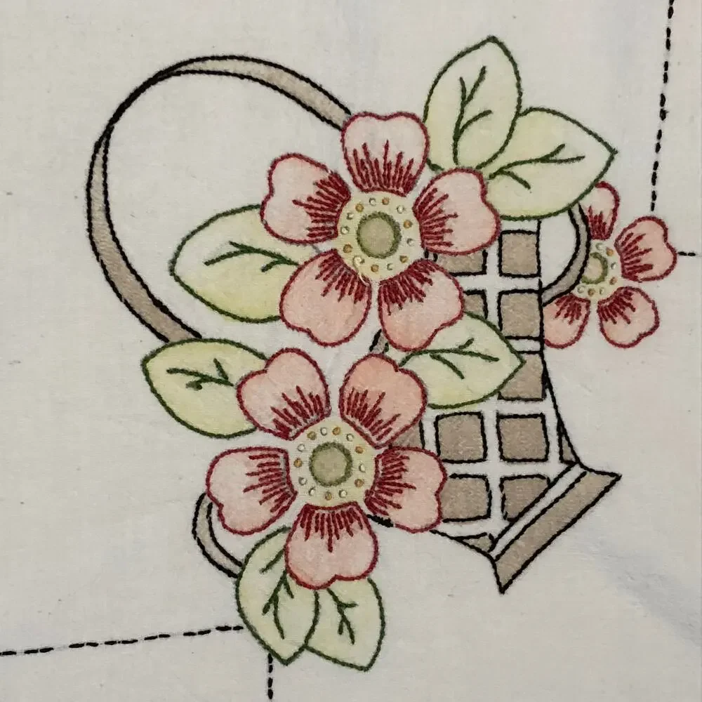 Tablecloth Baskets Of Flowers With Lace Edge Vintage 1960-70s Hand Embroidered